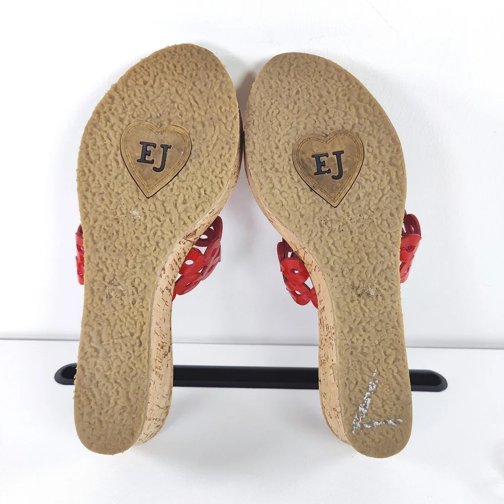 Eric Javits Red Patent Floral Cork Wedge Sandals 7.5 Resort Y2K Slide Shoes
